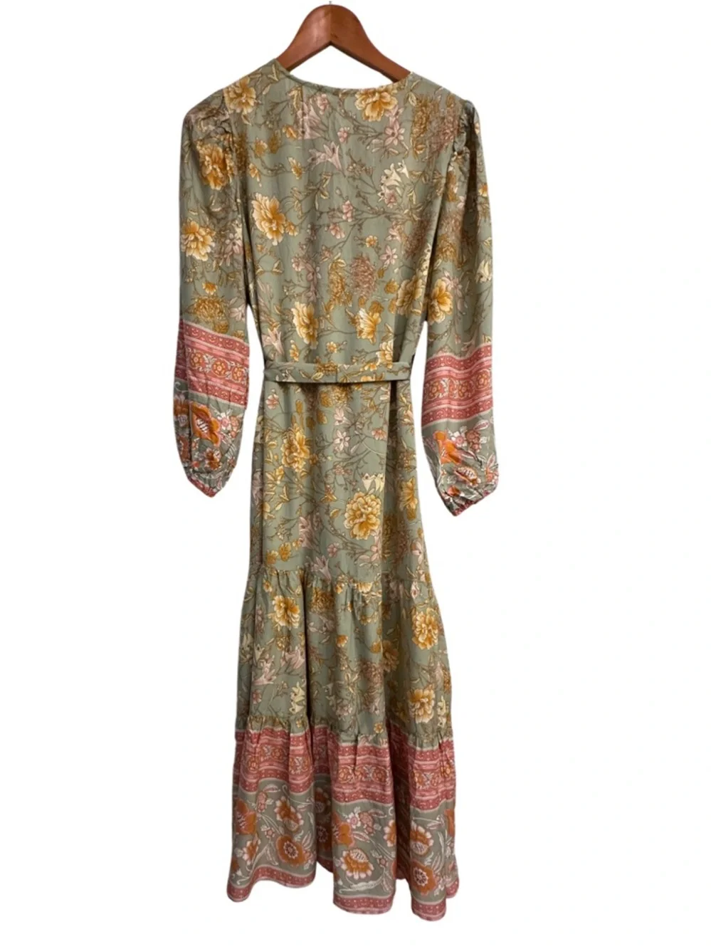 Boho Floral Midi Dress Sage Green Pink Border Print Button Front Size M NWT - Picture 10 of 15